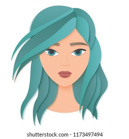 Vector portrait face of young beautiful woman with long green hair. Trendy paper layered cut art. Beauty fashion concept logo.