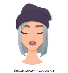 Vector portrait face of young stylish woman girl in hat. Trendy paper layered cut art. Beauty fashion concept logo.