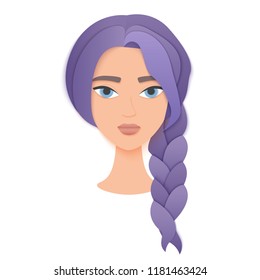Vector portrait face of young stylish woman girl with violet hairs. Trendy paper layered cut art. Origami beauty fashion concept logo.