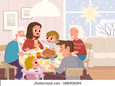 Vector. Portrait of family having Christmas dinner sitting around the table. All members of full big whole family together at home in living room with Christmas decoration at week end