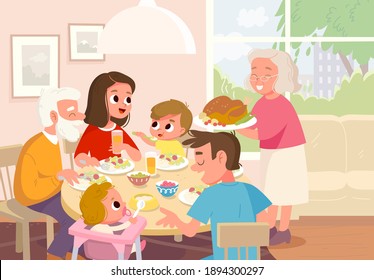 Vector. Portrait of family having dinner meal sitting around the table. Three generations gathered at the table. All members of full big young whole family together at home in living room at week end.