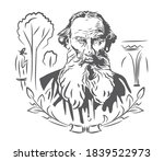 Vector portrait of the famous writer Leo Tolstoy. On a white background is the author, silhouettes of trees, branches, arches.