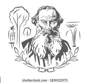 Vector portrait of the famous writer Leo Tolstoy. On a white background is the author, silhouettes of trees, branches, arches.