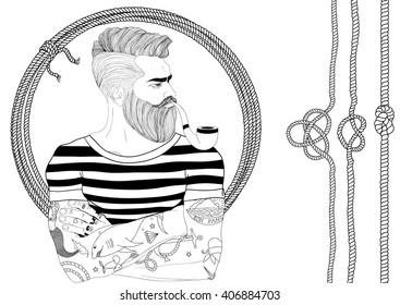 Vector Portrait Of Fashion Bearded Man Sailor With Old School Tattoo And Smoke Pipe. Hand Drawn. Marine Rope And Knot. Black And White