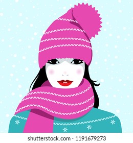 Vector portrait of fashion young girl wearing knitted cap, scarf and sweater