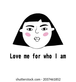 Retrato vectorial de un personaje femenino. Caricatura de un hombre minimalista divertido. Cara dibujada a mano lineal con emoción y ánimo. Inscripción amistosa. Postcard para redes sociales