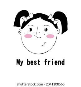 Vector portrait of a female character.Cartoon funny minimalistic man. Linear hand drawn face with emotion and mood. Friendly inscription. Postcard for social networks