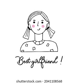 Vektorporträt einer weiblichen Figur.Cartoon lustige minimalistische Mann. Lineares, handgezeichnetes Gesicht mit Emotion und Stimmung. Freundliche Inschrift. Postkarte für soziale Netzwerke