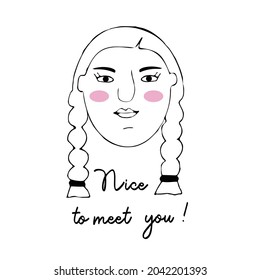Vector portrait of a female character.Cartoon funny minimalistic man. Linear hand drawn face with emotion and mood. Friendly inscription. Postcard for social networks