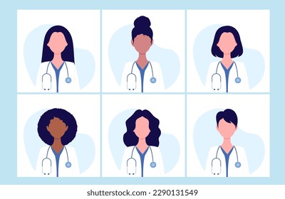 Retrato vectorial de doctoras de diferentes nacionalidades. Ilustración vectorial en un estilo plano.