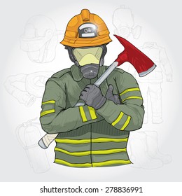 Vector Portrait of Fireman. Fireman Equipment background.