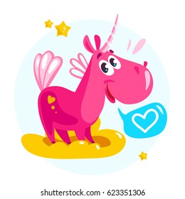 Vector portrait of flat funny unicorn character isolated on white background. Cartoon style. Cute funny little pink horse. Fairy smiling lovely pony. Children illustration. Good for packaging design.