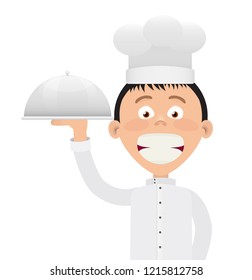 vector portrait in flat style of young cook with a tray isolated on white background