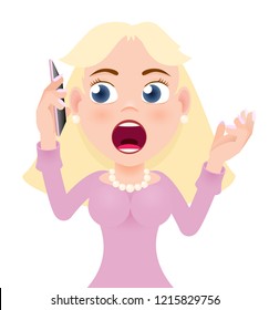 vector portrait in flat style of a young beautiful blonde in a pink dress, girl speaks on the phone, isolated on white background