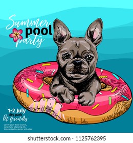 Vector portrait of French bulldog dog swimming in water. Donut float. Summer pool paty illustration. Sea, ocean, beach. Hand drawn pet portait. Poster, t-shirt print, holiday, postcard, summertime.