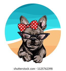 Vector portrait of French bulldog dog wearing sunglasses and retro bow. Summer fashion illustration. Vacation, sea, beach, ocean. Hand drawn pet portait. Poster, t-shirt print, holiday, summertime.