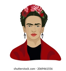 Vector portrait of Frida Kahlo, woman with flowers on her head