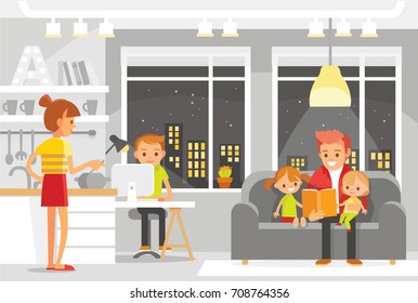 Vector portrait of full big whole family, all members gather together at home at week end in house interior,in shared living common room space. Family daily activities on everyday domestic life.