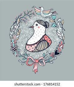 vector portrait of a funny bird with a  floral wreath