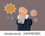 
Vector Portrait of Galileo Galilei in Caricature Style. Famous astronomer and polymath discovering planets with his new invention
