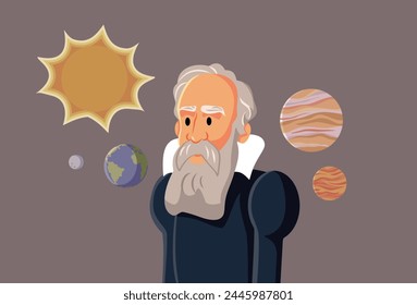 
Vector Portrait of Galileo Galilei in Caricature Style. Famous astronomer and polymath discovering planets with his new invention
