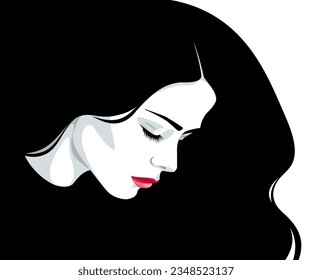 Retrato vectorial de una joven gentil y romántica mujer con el largo pelo ondulado negro, labios rosados frescos y largos latigazos mirando hacia abajo, aislada en fondo blanco