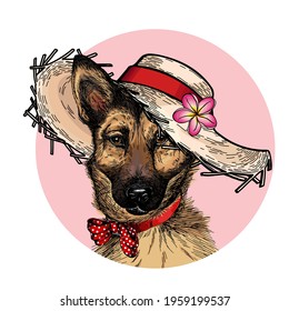 Vector portrait of german shepherd dog wearing straw hat, flower and polka dot bandana. Summer fashion illustration. Hand drawn pet portait. Poster, t-shirt print, holiday, postcard, summertime