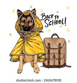 Vector portrait of german shepherd dog with backpack, pens and pencils wearing the raincoat. Back to school illustration. Hand drawn pet portait. Study poster, student cartoon. Education metaphor