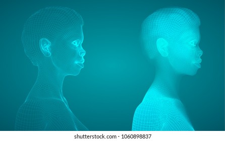 vector portrait of girl. 3d model on blue background