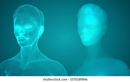 vector portrait of girl. 3d model on blue background