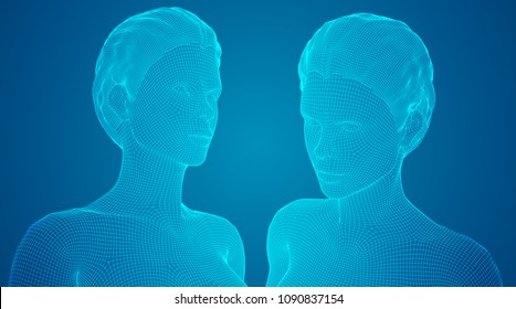vector portrait of girl. 3d model on blue background