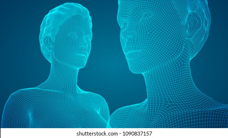 vector portrait of girl. 3d model on blue background
