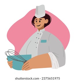 Vector portrait of a girl in a chef's jacket and hat with a large bowl and whisk in her hands. She is a chef, culinary school student or culinary course instructor.