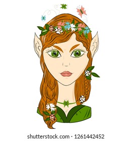 Vector, portrait of girl elf, romantic image of a forest nymph, cartoon style, isolated on white