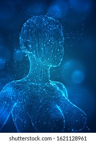vector portrait of a girl from lines and flashes, delicate fragile silhouette, fantasy on a blue background
