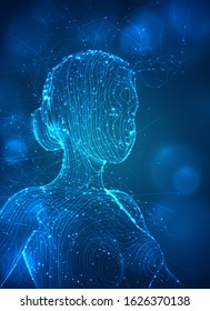 vector portrait of a girl from lines and flashes, delicate fragile silhouette, fantasy on a blue background