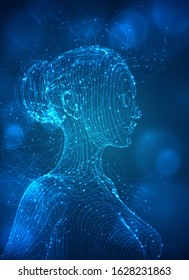 vector portrait of a girl from lines and flashes, delicate fragile silhouette, fantasy on a blue background