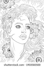 Vector portrait of a girl with long hair and flowers