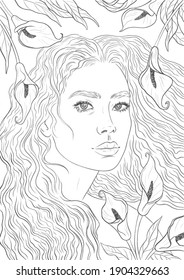 Vector portrait of a girl with long hair and flowers