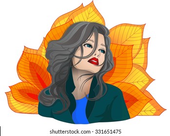 Vector portrait girl on background of autumn leaves