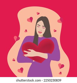Vector portrait of a girl with a red heart in her hands. Valentines day illustration