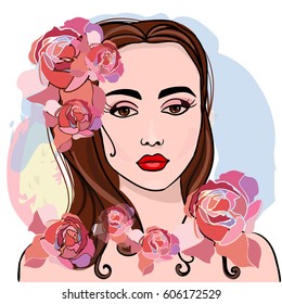 Vector portrait of a girl. Woman`s face close-up, hairstyle with flowers in hair. Pink roses.