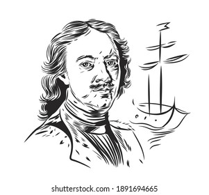 Vector portrait of the great Russian Emperor Peter on the background of the ship. Silhouette drawing