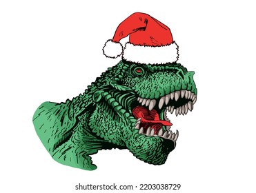 Vector portrait of green tyrannosaurus in Santa Claus hat isolated on white background,vector Christmas element