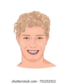 Vector portrait of handsome young man with smile on face and curly blonde hair isolated under white background. Cartoon illustration