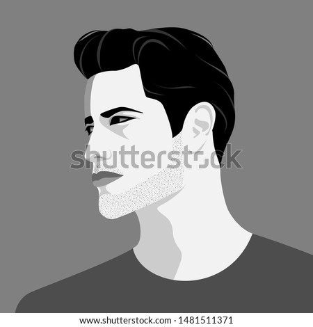 Vector portrait of handsome young man with serious expression, vector illustration in grayscale