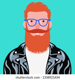 Vector portrait of happy bearded man in black leather jacket and white shirt. Smiling young hipster with red beard and mustache isolated on green background