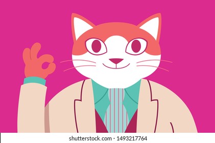 Vector portrait of happy elegant cat in cartoon style making the ok sign with his paw