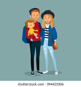 Vector portrait of happy family of 3 four members parents mom dad parents and baby son posing standing together, father with baby child on hands. Traveling family.