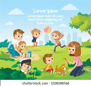 Vector portrait of happy family members relax rest play in the park doing summer activities. Parents with children spend weekend together, mother, father and children having fun on playground. 